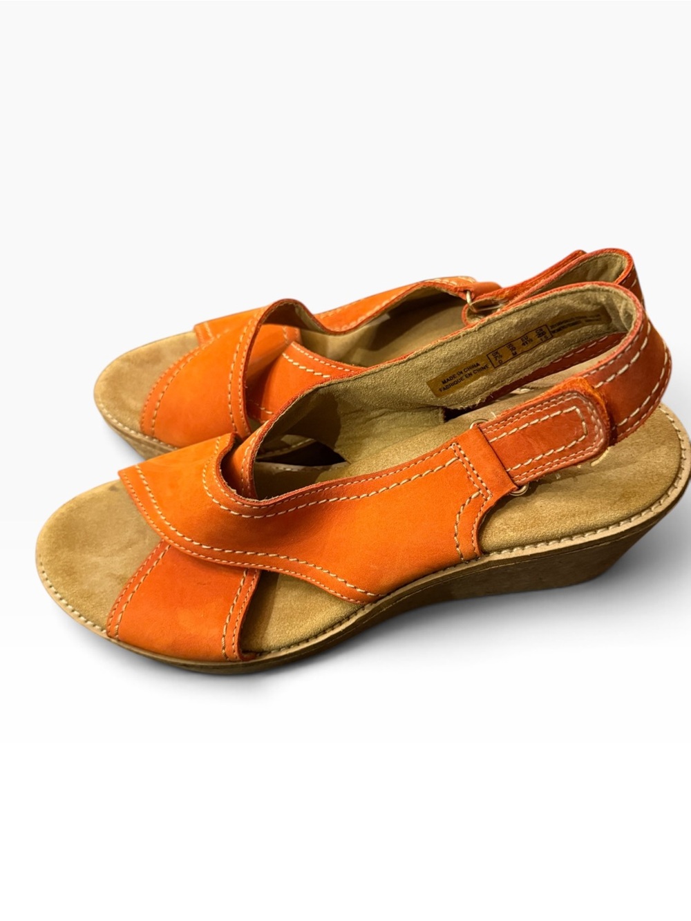 Clarks Artisan Orange Nubuck Leather Cork Wedge Sandals Size 10
